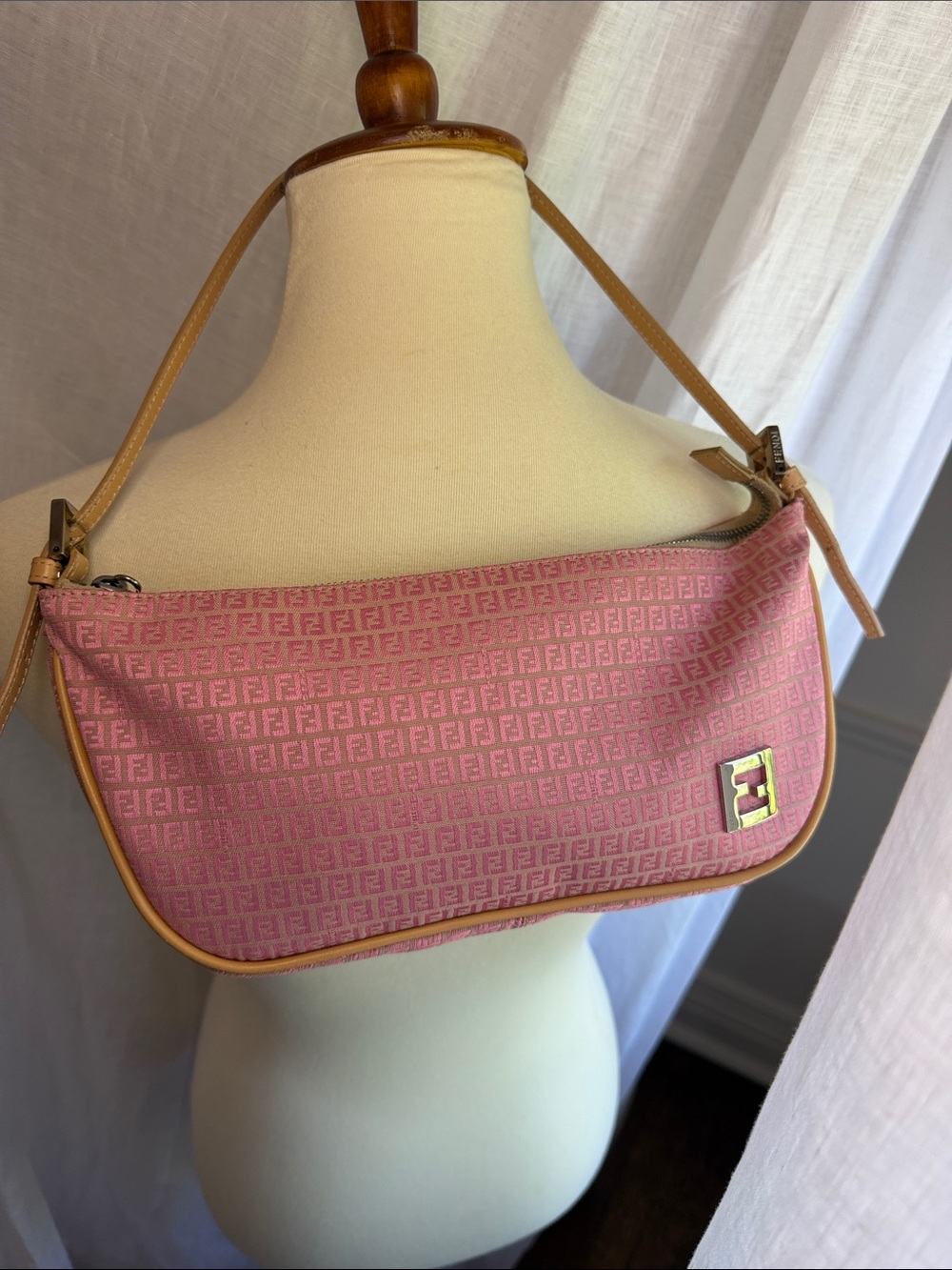Fendi Pink Zucca Croissant Shoulder Bag with Tan Trim - Picture 9 of 12